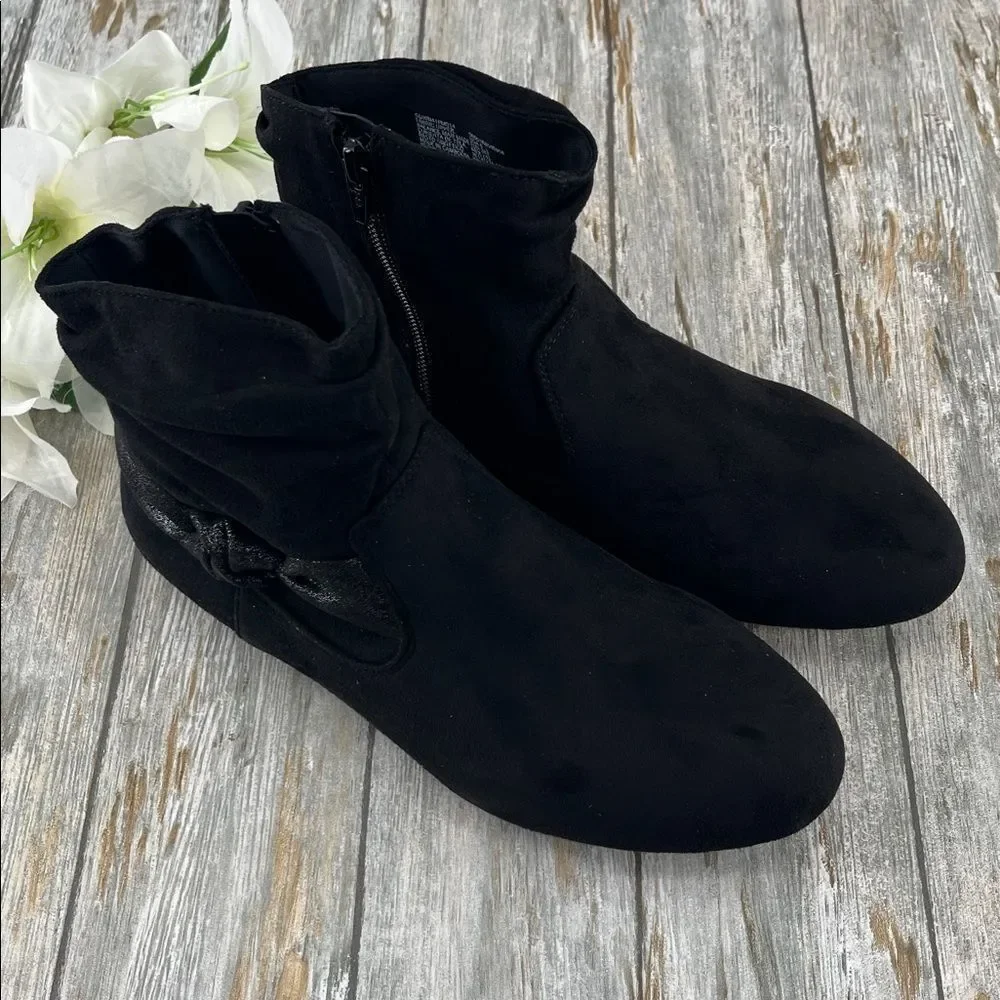 Big Girls Black Faux Suede Slouch Bow Ankle Boots Shoes Size 5